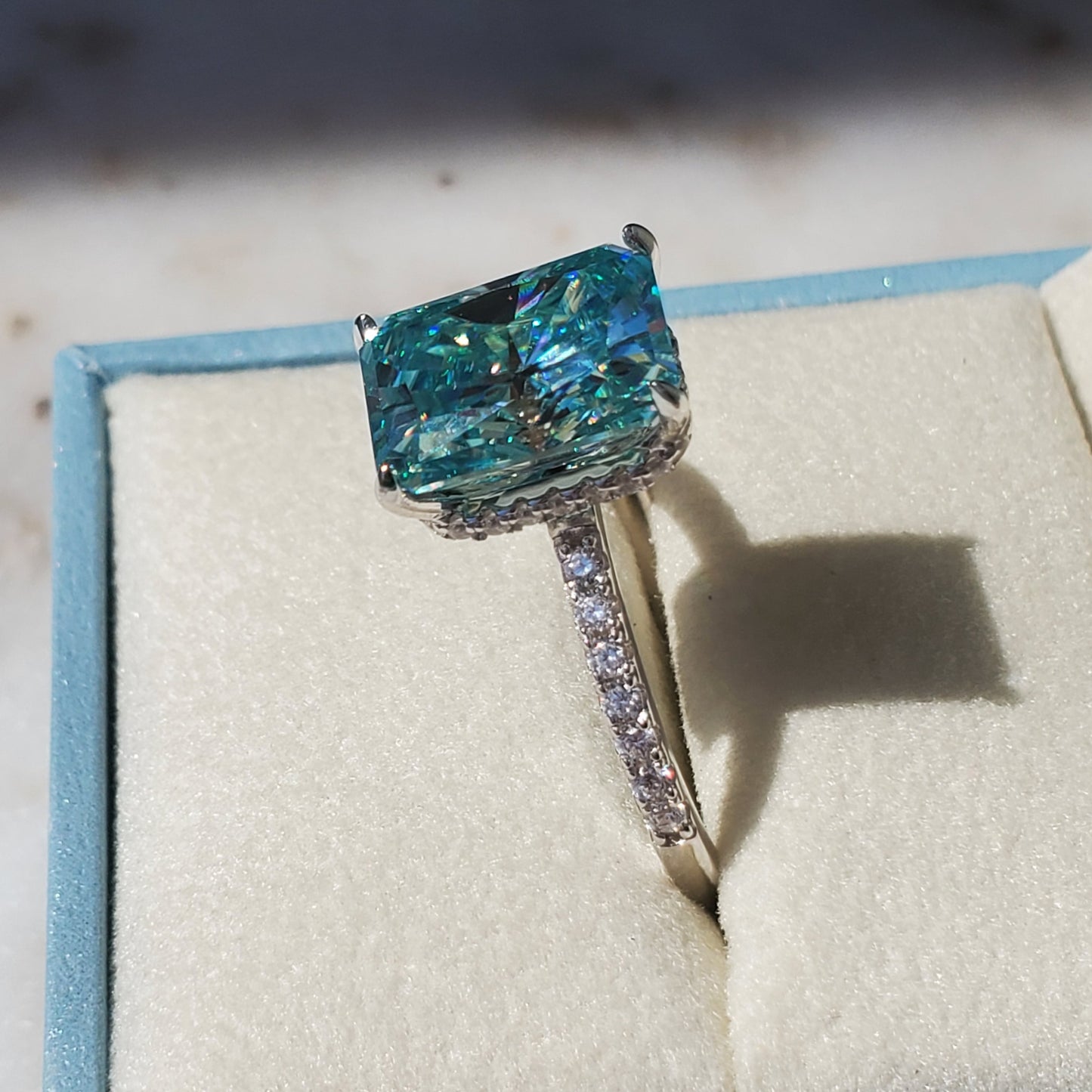 5ct Blue-green Radiant Cut Moissanite Ring 925 Sterling Silver 18K Gold Plated