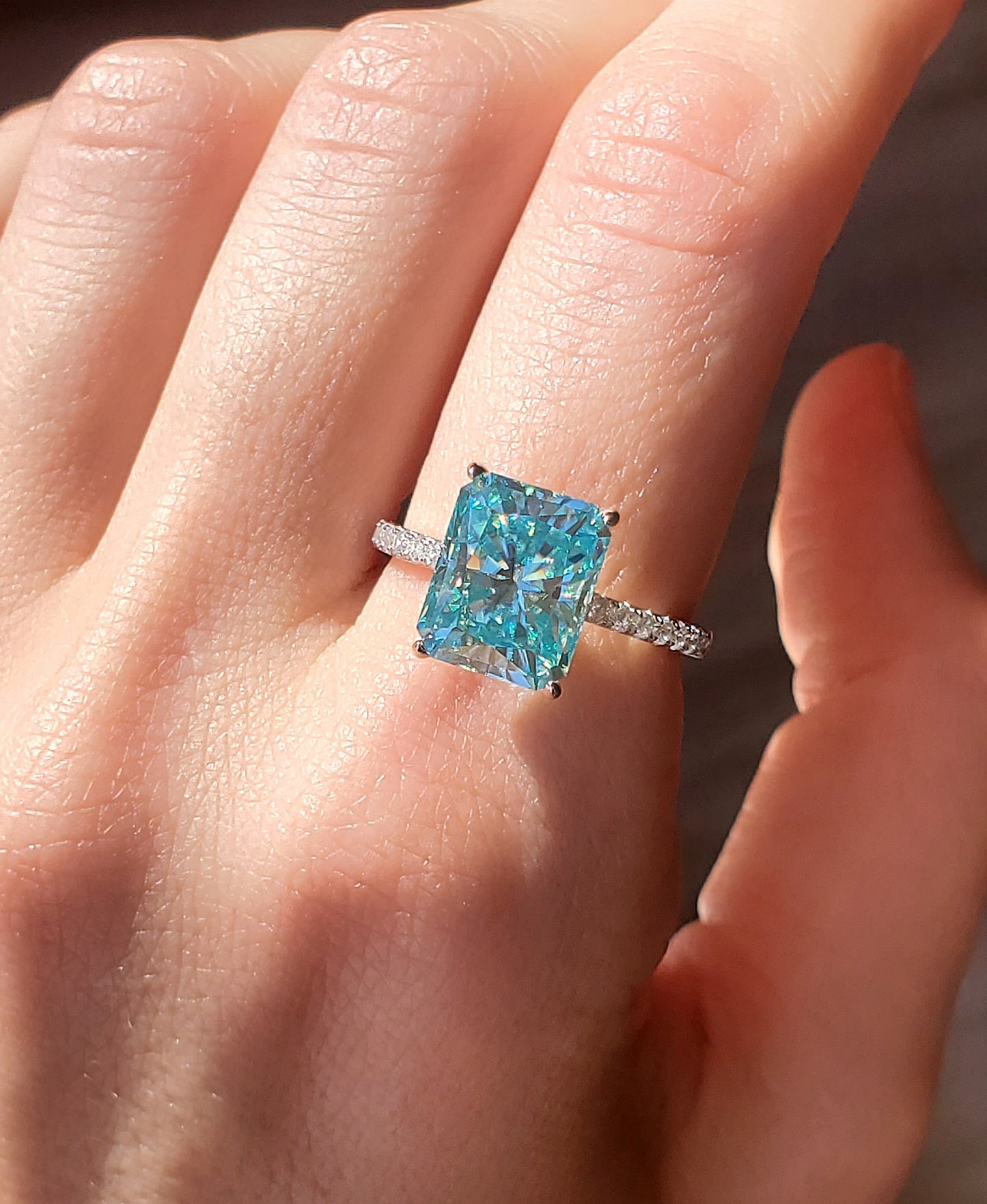 5ct Blue-green Radiant Cut Moissanite Ring 925 Sterling Silver 18K Gold Plated