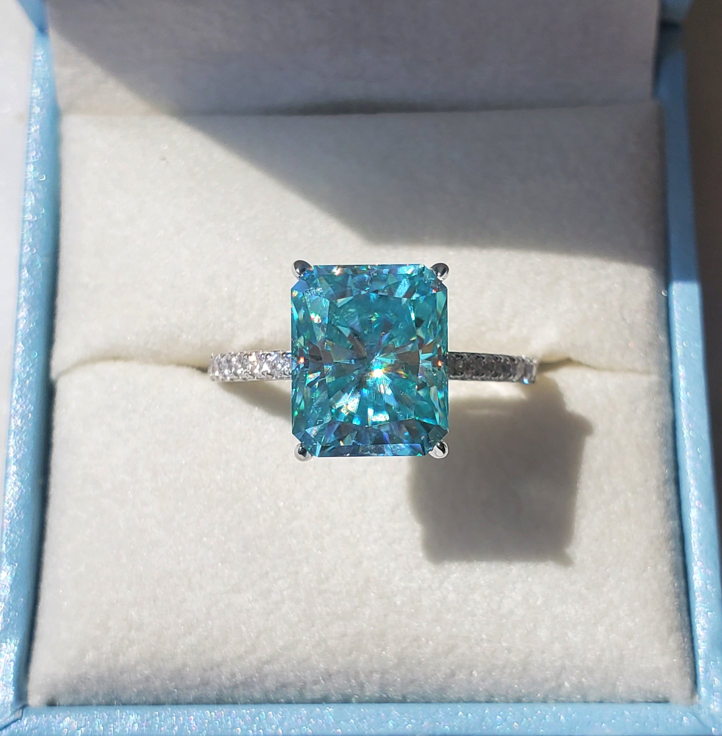 5ct Blue-green Radiant Cut Moissanite Ring 925 Sterling Silver 18K Gold Plated