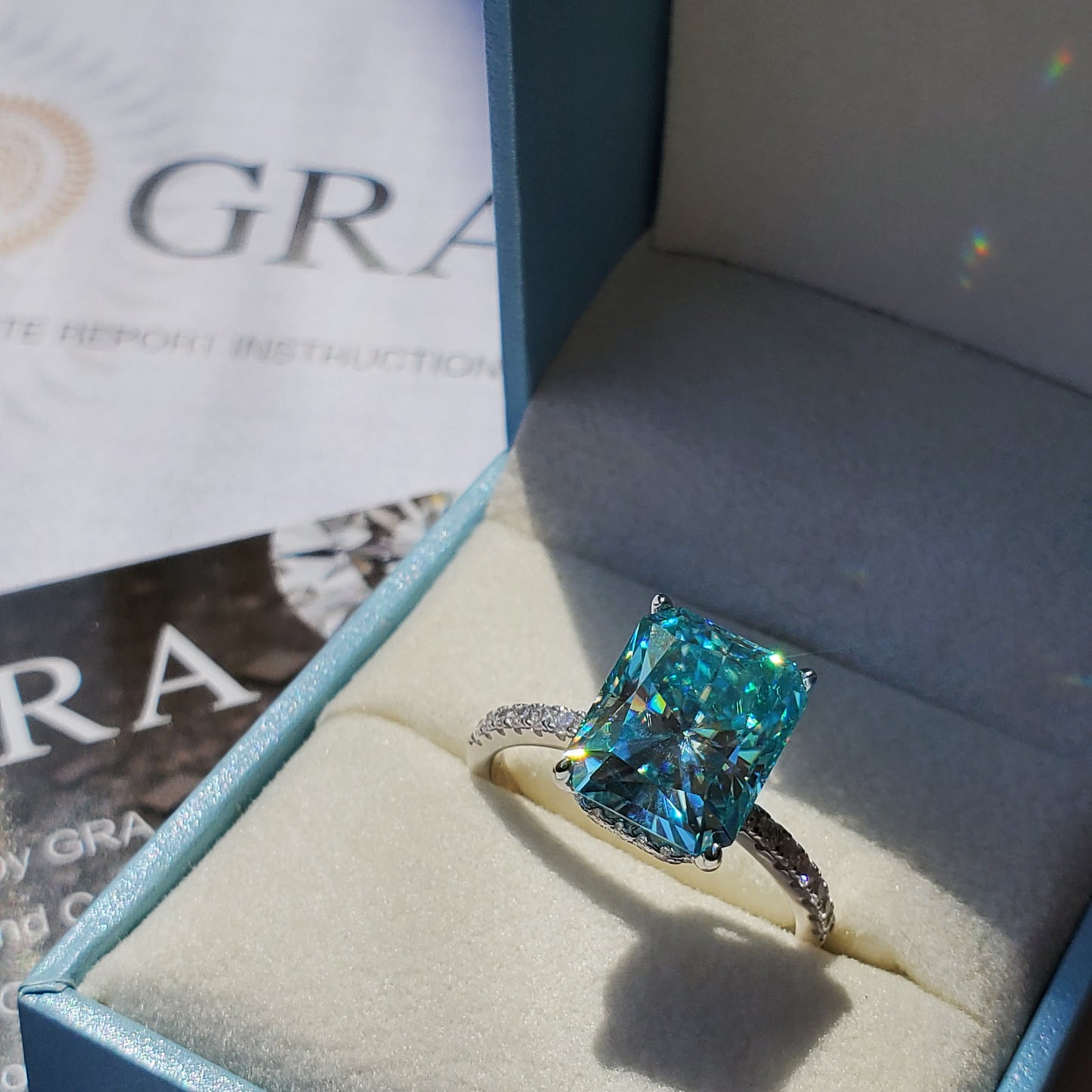 5ct Blue-green Radiant Cut Moissanite Ring 925 Sterling Silver 18K Gold Plated