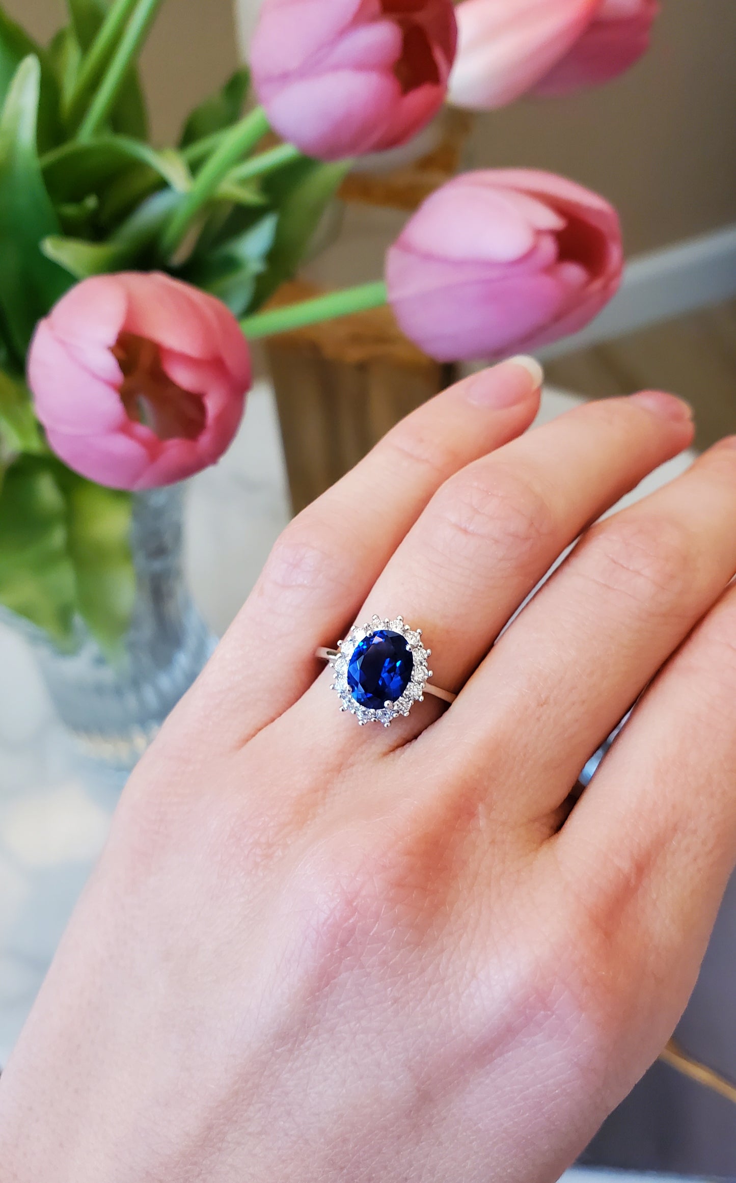 Blue & White Lab-Created Sapphire Ring 925 Sterling Silver