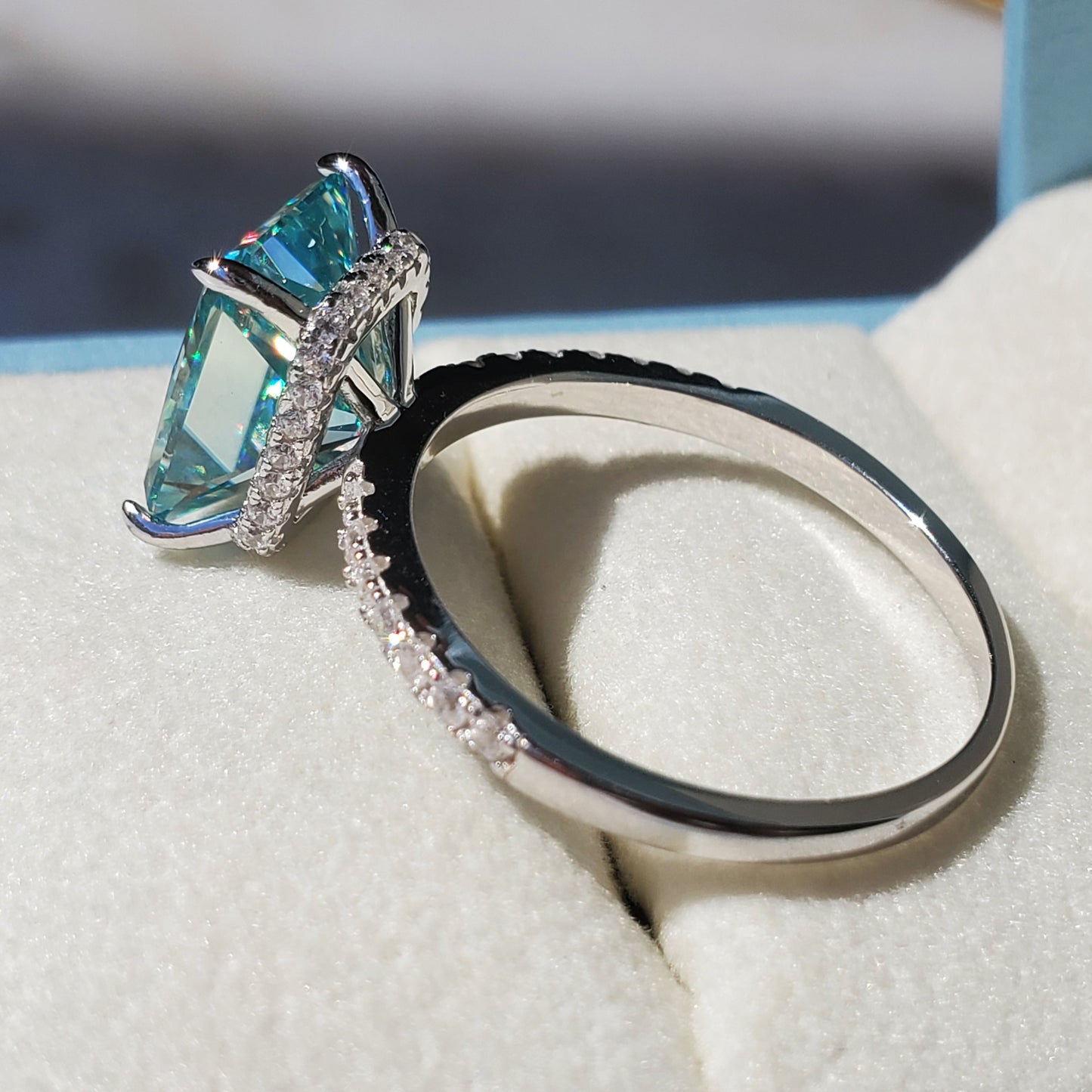 5ct Blue-green Radiant Cut Moissanite Ring 925 Sterling Silver 18K Gold Plated