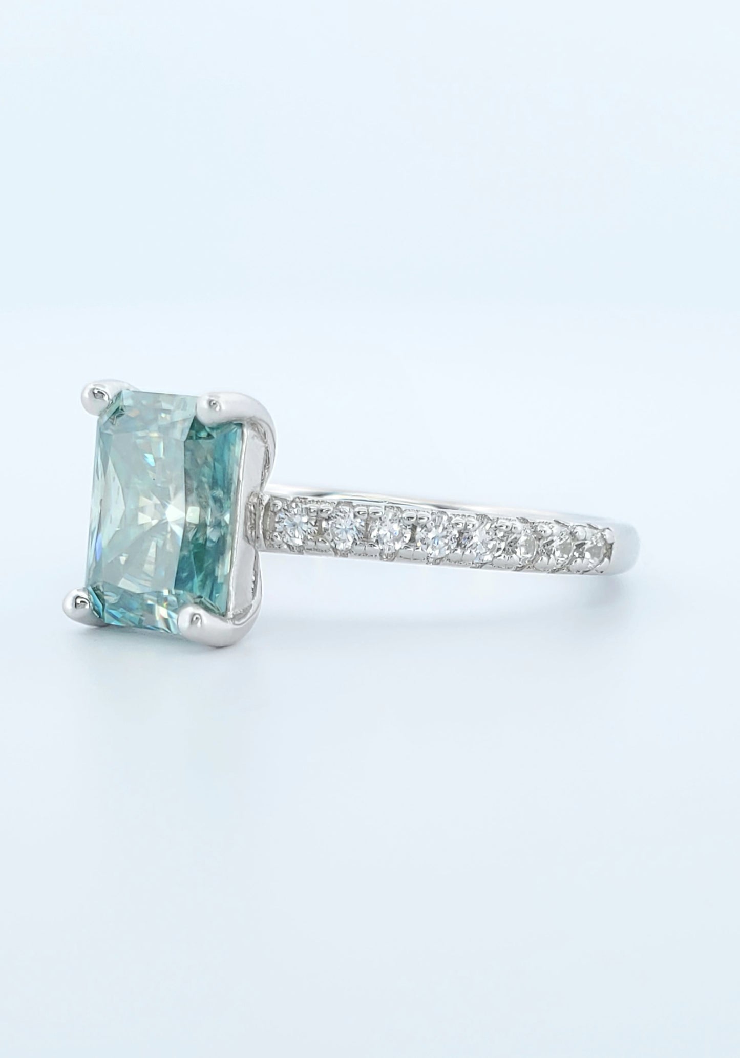 2ct Blue-green Radiant Cut Moissanite Ring 750 Platinum