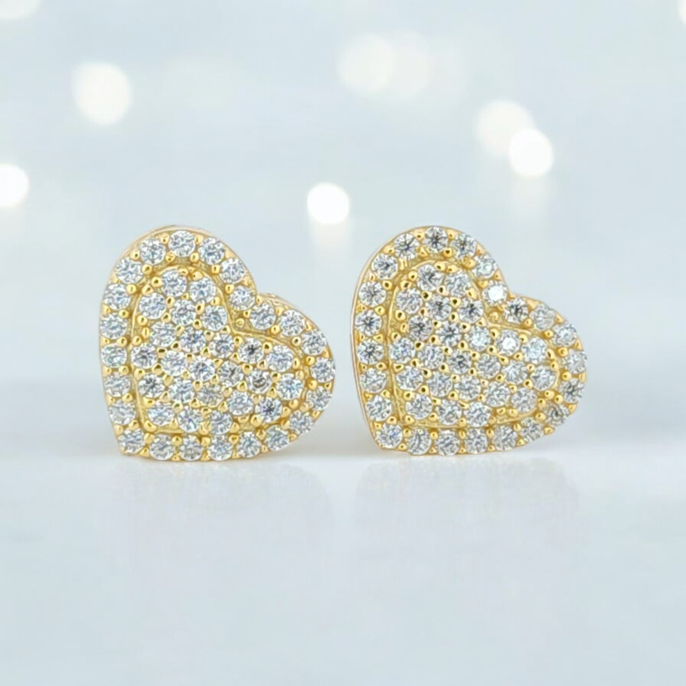 Heart Shaped Moissanite Cluster Stud Earrings In 14K Yellow Gold Over 925 Sterling Silver