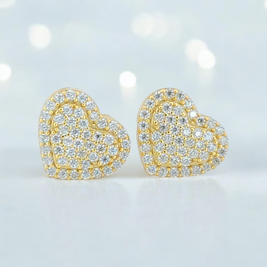 Heart Shaped Moissanite Cluster Stud Earrings In 14K Yellow Gold Over 925 Sterling Silver