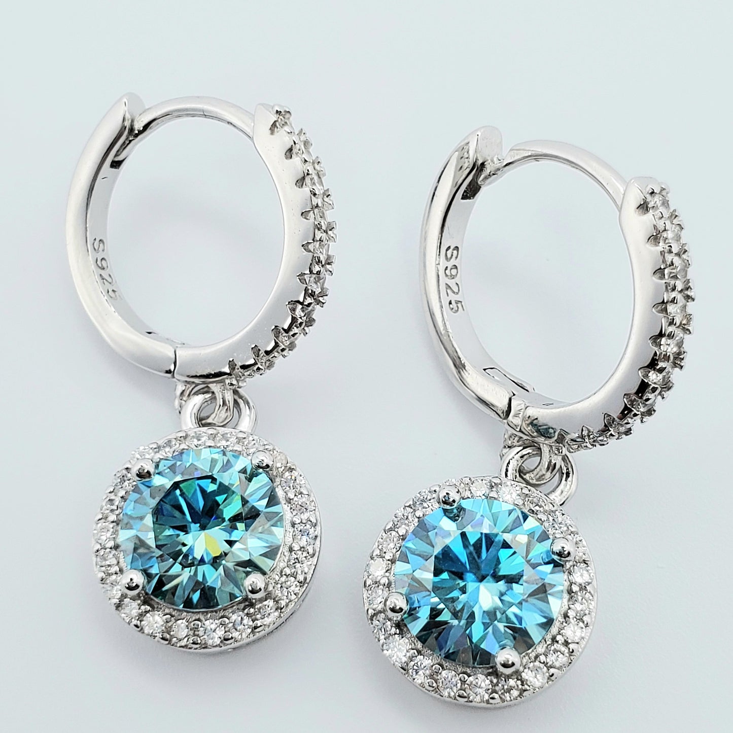 2ct (1ct each) Round Cut Blue Moissanite Drop Earrings 925 Sterling Silver