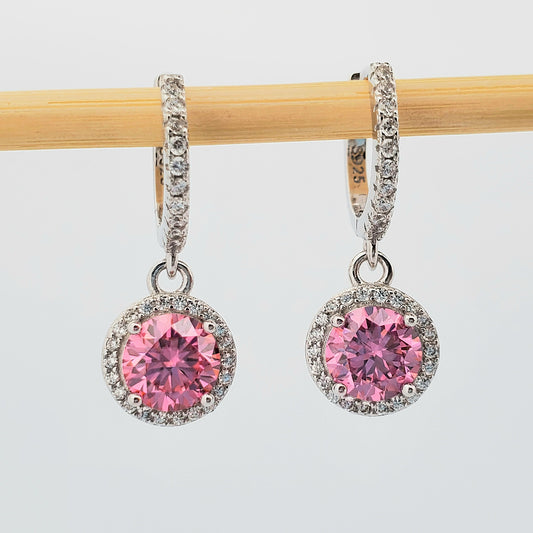 2ct (1ct each) Round Cut Pink Moissinite Drop Earrings 925 Sterling Silver