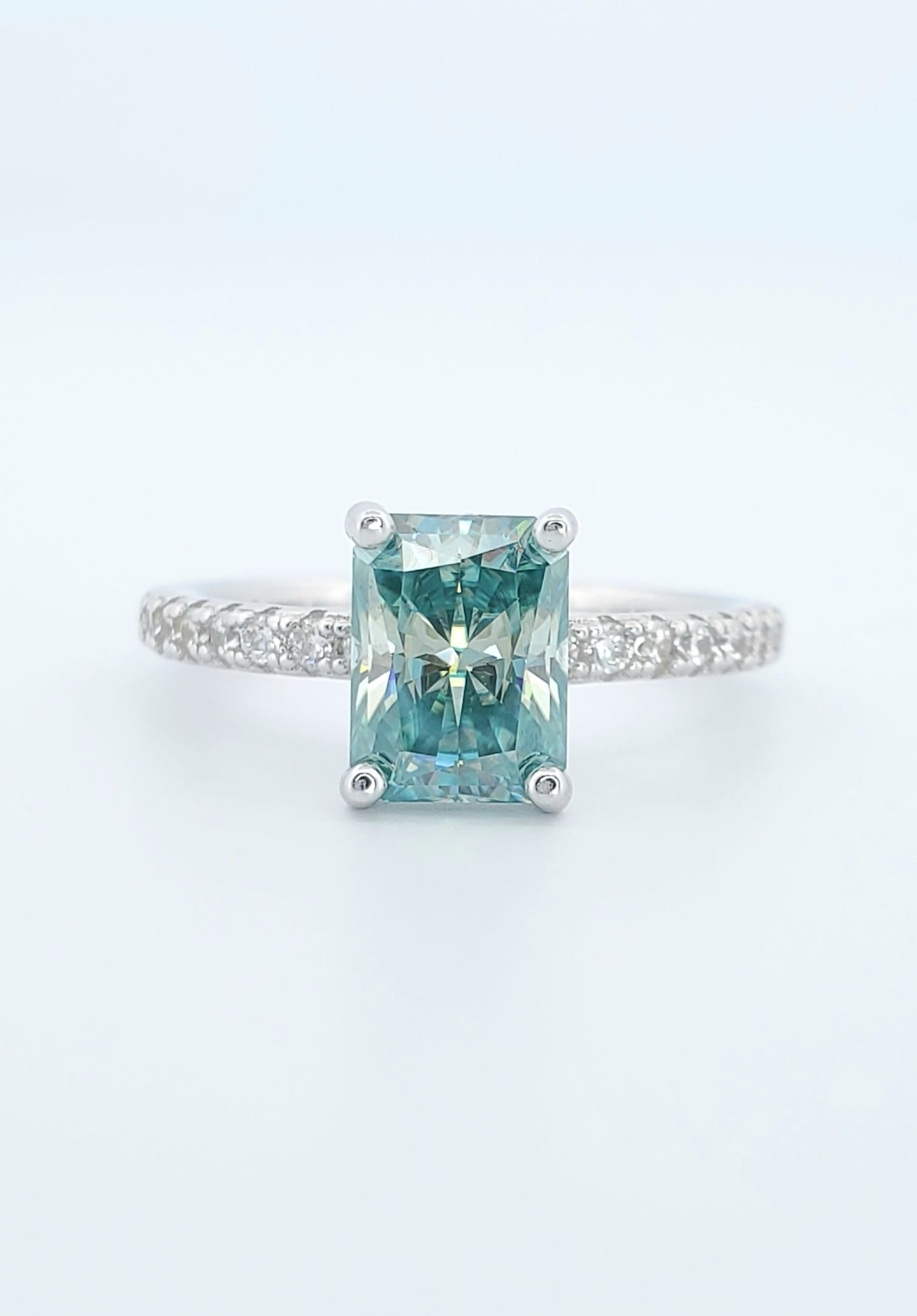2ct Blue-green Radiant Cut Moissanite Ring 750 Platinum