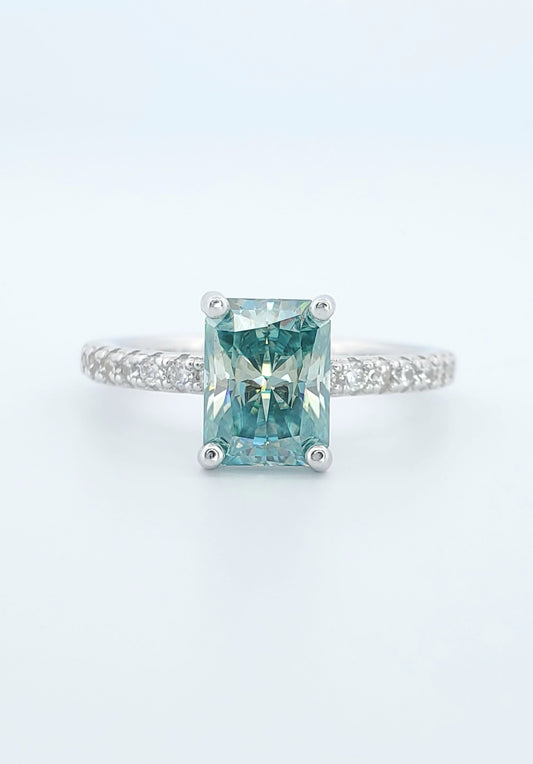 2ct Blue-green Radiant Cut Moissanite Ring 750 Platinum