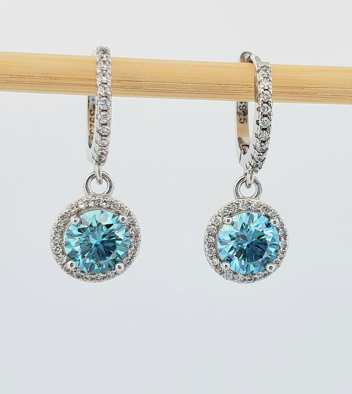2ct (1ct each) Round Cut Blue Moissanite Drop Earrings 925 Sterling Silver