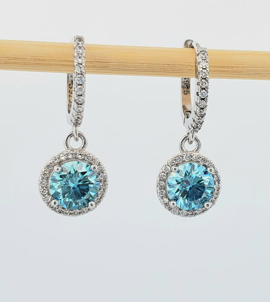 2ct (1ct each) Round Cut Blue Moissanite Drop Earrings 925 Sterling Silver